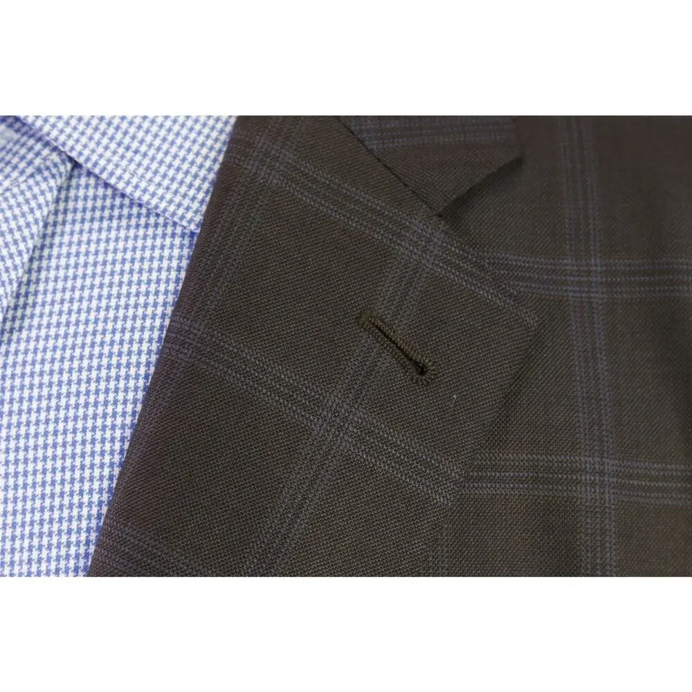Armani Collezioni Brown w/ Sky Blue Windowpane Wool 2-Btn Sportcoat Blazer 44L